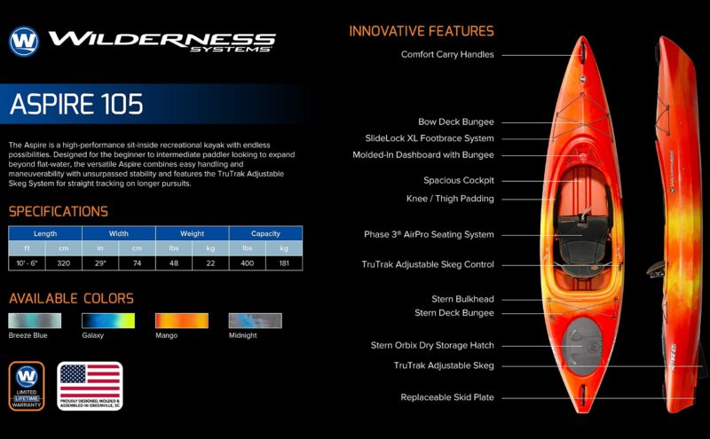 Wilderness Systems Aspire 105 | Sit Inside Recreational Kayak | Adjustable Skeg - Phase 3 Air Pro Seating | 10' 6" - Image 11
